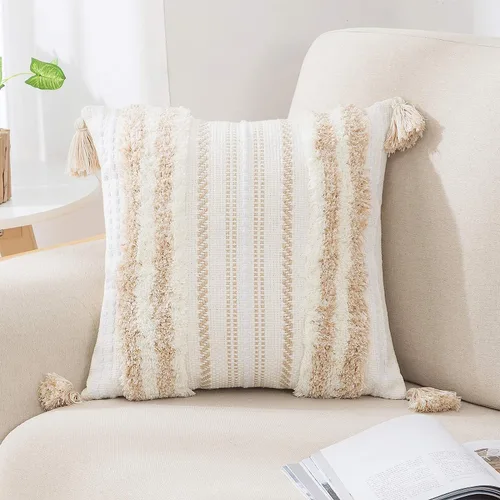 Vista 20 de decorUhome Funda de almohada decorativa bohemia de 18 x 18 pulgadas, funda de almohada de acento con textura neutra acolchada a rayas para sofá