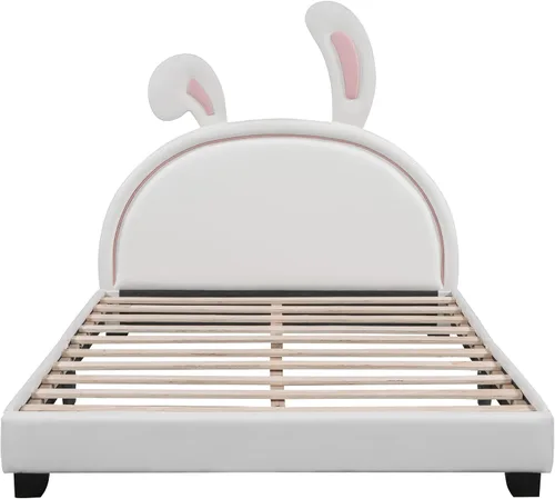 Vista 2 de Bonita cama tapizada de piel sintética de tamaño matrimonial con adorno de conejo y cabecero, para uso en la habitación de niños y niñas