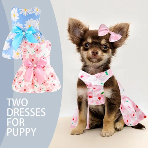 Vista 2 de 2 vestidos para perros pequeños, ropa para mascotas, vestidos de cachorro, vestido floral de verano, lindo vestido de gato femenino (S)