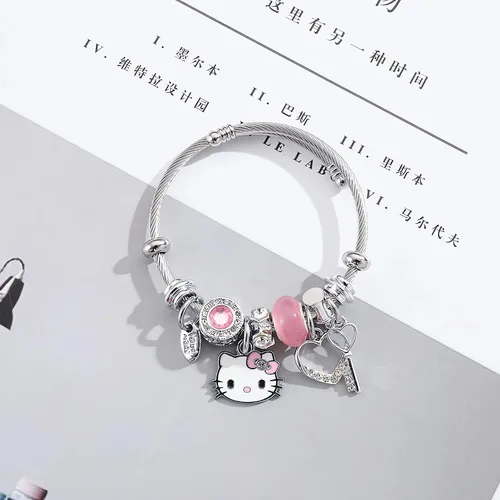 Vista 2 de Lindas pulseras para mujeres y niñas, brazalete ajustable de acero inoxidable de dibujos animados para esposa, novia, regalos de joyería, Zinc, Sin