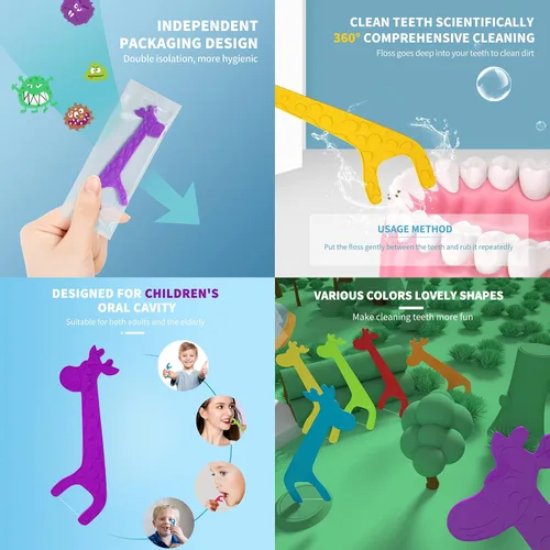 Vista 3 de Hilo dental para niños, hilo dental envuelto individualmente, hilo dental para niños, hilo dental portátil, con formas de animales, para niños