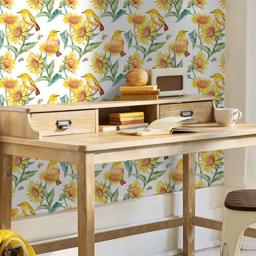 Vista 2 de VaryStyle Papel tapiz vintage de girasol de 17.7 x 118 pulgadas, acuarela amarillo brillante/verde, pájaros florales, despegar y pegar, papel
