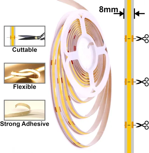 Vista 5 de COB - Tira de luz LED de 24 V, blanco cálido de 2700 K con atenuador y fuente de alimentación, 0.315 in de ancho, CRI 92+, tira de luces LED