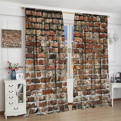 Vista 4 de Cortinas opacas para pared de ladrillo, rústicas, para pared de ladrillo, naranja y rojo, impresión artística para sala de estar, dormitorio