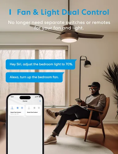 Vista 5 de meross Control inteligente del ventilador de techo e interruptor de luz de atenuación Works With HomeKit, Alexa, Google, SmartThings, 4-Speed Fan