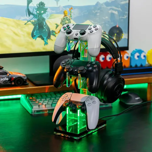 Vista 59 de OAPRIRE Headset and Controller Stand with Lights, 2 Tier Acrylic Game Controller Holder, Controller and Headset Stand for Desktop,Universal Design