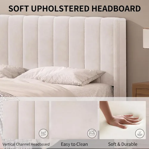 Vista 4 de Cama de plataforma tapizada de terciopelo Queen con cabecera con respaldo de alas, color crema Canal vertical acolchonado, listones de madera