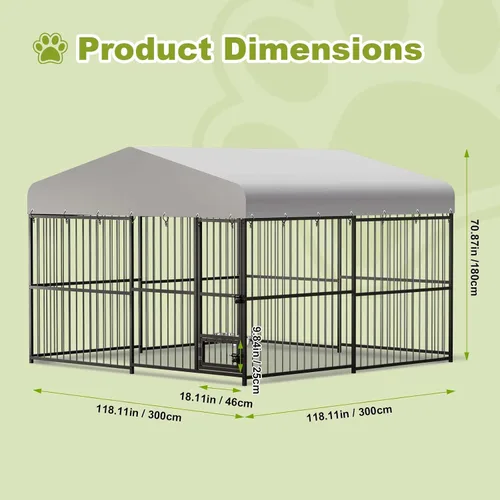 Vista 2 de Perrera para perros exteriores de 10 x 10 x 6 pies con techo, perreras resistentes al aire libre para perros grandes, con techo impermeable