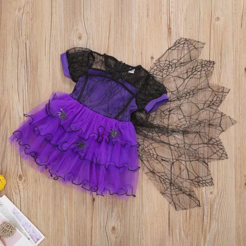 Vista 3 de Disfraz de bruja de Halloween de manga corta con encaje de araña tutú de tul vestido de fiesta de Halloween Morado