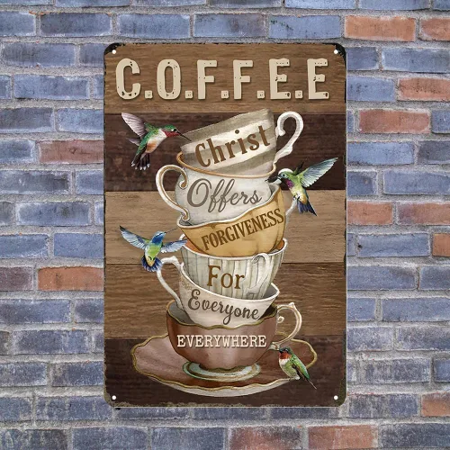 Vista 5 de Letrero de café para amantes del café, regalos de Cristo ofrece perdón para todos en todas partes, letrero de metal vintage para amigos, familia