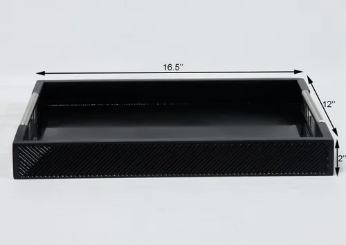 Vista 3 de [Usado] Bandeja para servir con asas de metal pulido, bandeja rectangular para mesa de café de 16.5''x12'', bandeja decorativa moderna, bandeja Negro