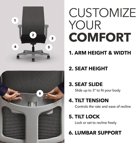 Vista 3 de HON Ignition 2.0 - Silla de trabajo con respaldo medio, control avanzado de inclinación sincronizada, silla de oficina con soporte lumbar, brazos
