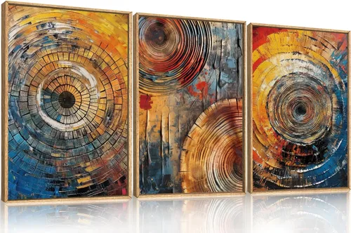 Vista 63 de Lienzo decorativo abstracto grande con marco naranja quemado, decoración de pared azul neutro y negro, arte moderno con pinceladas, impresión