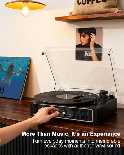 Vista 12 de Tocadiscos retro Bluetooth con altavoces integrados, tocadiscos de 3 velocidades por correa, control de graves y agudos, reproductor de vinilo Negro