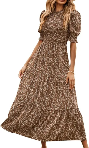 Vista 117 de BTFBM Vestidos para mujer, cuello redondo, casual, de verano, con volantes, manga corta, bohemio, con niveles, fruncido, largo, con estampado floral