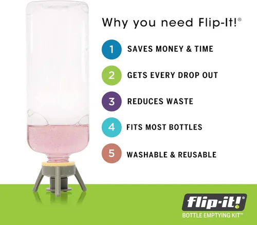Vista 3 de Flip-It! Kit de vaciado de botellas: voltea la botella boca abajo para obtener cada gota. Adaptadores adicionales incluidos para adaptarse a