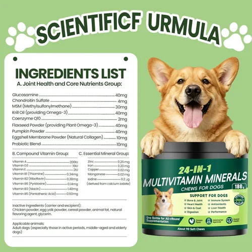 Vista 5 de Vitaminas y suplementos 24 en 1 para perros, multivitamínico masticable con condroitina, probióticos Omega-3, glucosamina para perros, pelaje