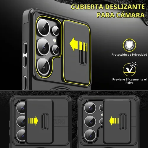 Vista 2 de Funda para Samsung S25 Ultra, con lente de cámara deslizante, soporte de anillo de dedo, resistente a prueba de golpes, funda protectora de grado