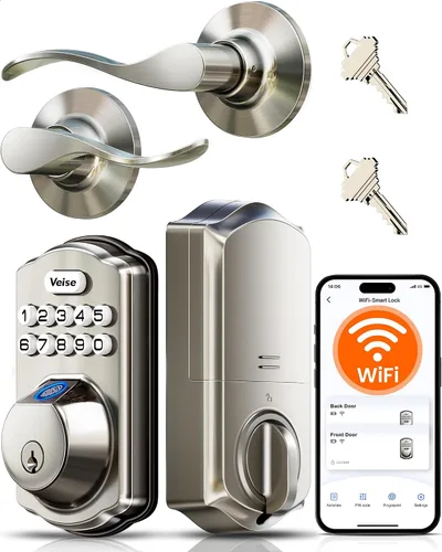 Vista 10 de Veise VE012W-B Cerradura inteligente de huellas dactilares Wi-Fi con juego de manija, control remoto de aplicación, palanca de puerta delantera