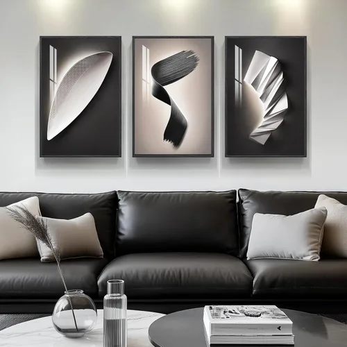 Vista 4 de Juego de arte moderno enmarcado de 3 piezas, arte abstracto de líneas geométricas en blanco y negro, pinturas artísticas de lujo contemporáneas