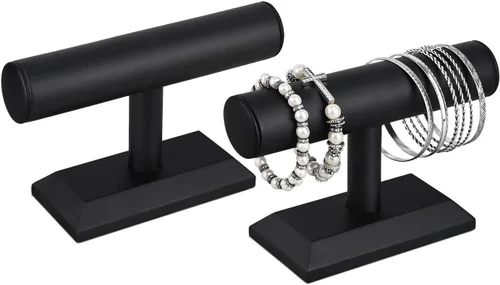 Vista 12 de MOOCA Soporte para pulsera y reloj de madera T-Bar, cuero sintético negro Piel sintética negra