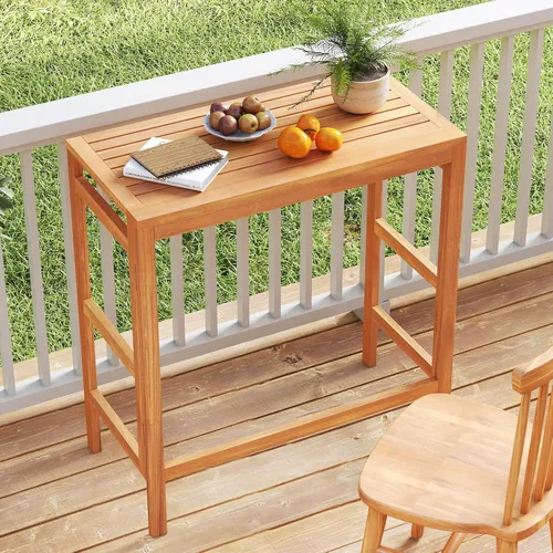 Vista 2 de Tangkula Mesa de bar plegable de madera de acacia para exteriores, mesa rectangular para patio, mesa de bar con mesa de listones, para balcón