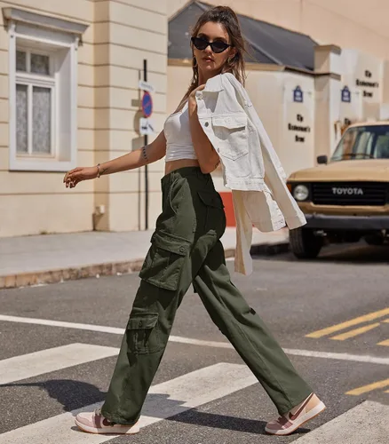 Vista 6 de ZMPSIISA Pantalones de mujer de cintura alta, pantalones cargo militares de pierna ancha, pantalones casuales de 8 bolsillos