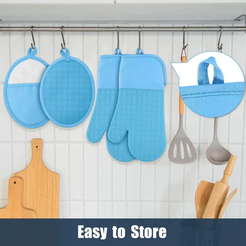 Vista 5 de Manoplas de horno y soportes para ollas, 4 juegos, guantes de horno resistentes al calor de 500 ℉ y soporte para ollas, guantes largos para horno