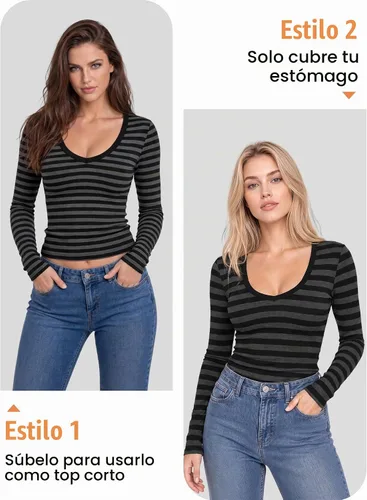Vista 4 de LOMON Camisas de manga larga para mujer, cuello en V profundo, ajustadas Rayas grises y negras