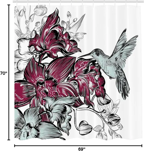 Vista 5 de Ambesonne Cortina de ducha de colibrí, ramo de flores de orquídea y un colibrí, impresión de diseño de naturaleza silvestre, juego de decoración