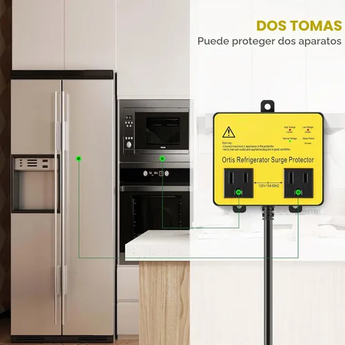Vista 3 de Protector contra sobretensiones para refrigerador, Ortis Protector de voltaje de doble toma para electrodomésticos con retraso de tiempo, protege