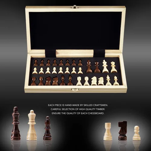Vista 3 de Juego de ajedrez plegable de madera estándar 12x12 pulgadas, juego de mesa estándar de ajedrez internacional con piezas magnéticas hechas a mano.