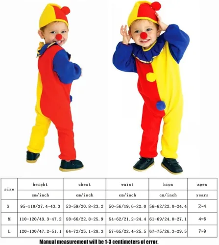 Vista 4 de QIAONIUNIU Halloween Child's Clown Costume Kids Baby Jumpsuits Toddlers Dress Up with Clown Nose and Clown Hat