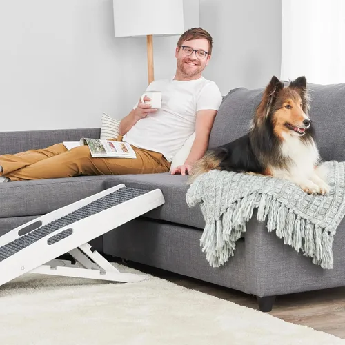 Vista 5 de Carlson Rampa para mascotas de 39.5 pulgadas, rampa plegable blanca para perros y gatos con altura ajustable, superficie antideslizante