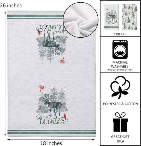 Vista 2 de Seliem Hello Winter - Juego de 2 toallas de cocina con diseño de pinos en acuarela, diseño de reno cardenal, azul y gris, para secar a mano, pájaro