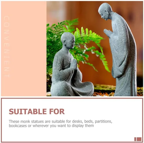 Vista 8 de Happyyami Bonsái - 2 figuras de monje de piedra, estatuas de Buda zen, esculturas de monje de pie para paisaje al aire libre, decoración de jardín