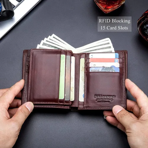 Vista 4 de BULLCAPTAIN Cartera plegable de cuero genuino de gran capacidadtitular de la tarjeta de crédito para los hombres con 15 ranuras para tarjetas QB-027