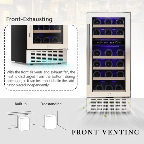 Vista 9 de COWSAR Refrigerador de vino de 28 botellas, refrigerador comercial de bebidas de doble zona, temperatura independiente, LED, enfriador de vino