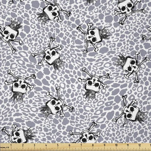 Vista 83 de Ambesonne The Yard, tela de calavera colorida con temática de Halloween, diseño de calavera y huesos cruzados, divertido estampado de dibujos