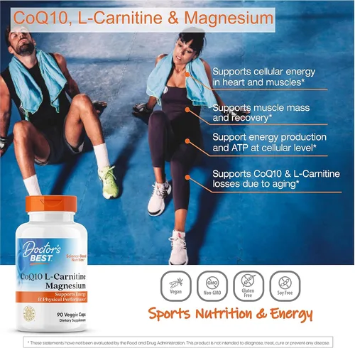 Vista 6 de Doctor's Best CoQ10 L-carnitina suplemento de magnesio – Apoyo de energía y ejercicio para hombres y mujeres, coenzima fermentada naturalmente Q10