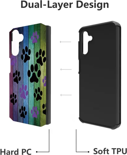 Vista 5 de Funda para Galaxy A13 5G/Galaxy A04S, diseño de tablero de madera rústica con estampado de patas de perro, resistente 2 en 1, de doble capa, híbrida