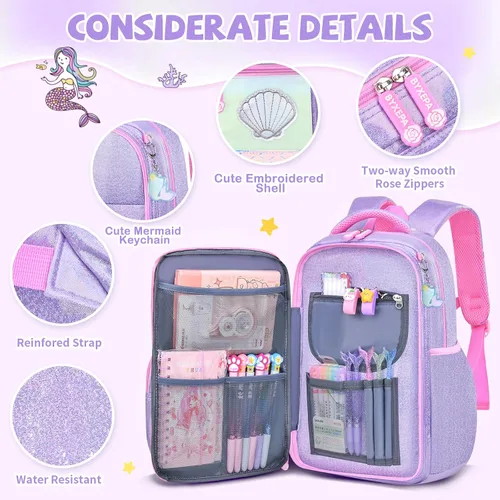 Vista 2 de Mochila para niñas, mochilas escolares de 16 pulgadas para niñas, bonita bolsa de libros para niñas, niños, estudiantes, escuela primaria, Sirena