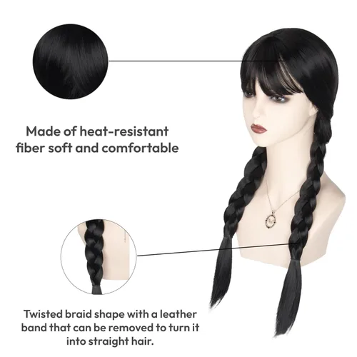 Vista 6 de Yan Dream Peluca larga de trenzas negras para mujer, peluca de coleta trenzada para Halloween, cosplay, fiesta, peluca para adultos