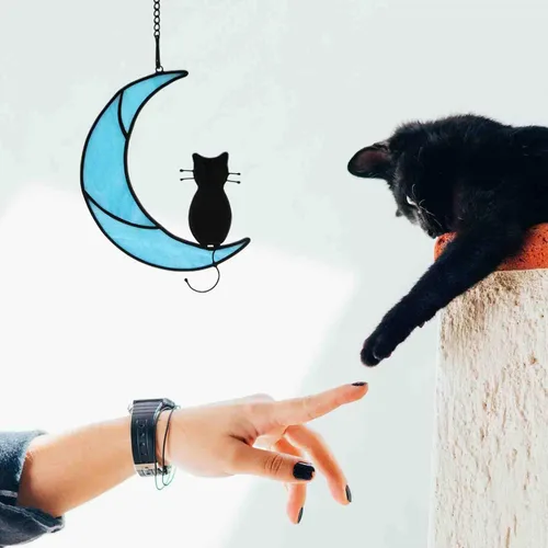 Vista 5 de Black Cat Decor On Moon Suncatcher Decoration,Cat Memorial Gifts for Cats Lovers Stained Glass Window Hangingt,Cats Loss Sympathy Gift,Pet Memorial