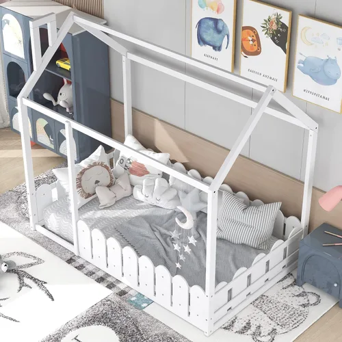 Vista 3 de Harper & Bright Designs Camas de casa para niños, cama de piso individual con valla de madera, marco de cama de cabaña que se puede decorar