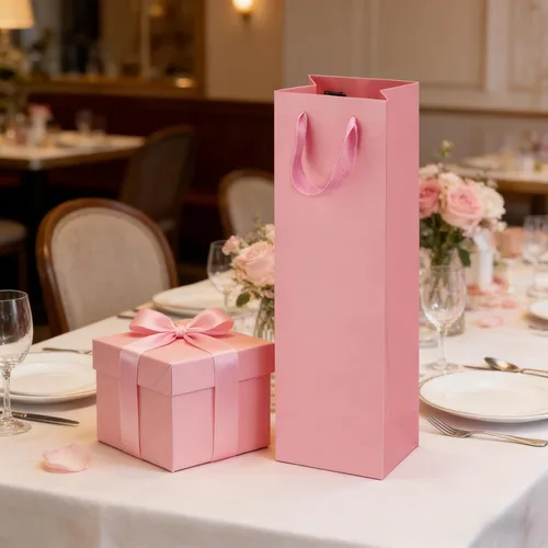 Vista 6 de SEUNMUK Paquete de 30 bolsas de regalo para botellas de vino rosa, 13.8 x 4.3 x 3.5 pulgadas, papel fuerte grueso de 250 GSM con asas para fiestas