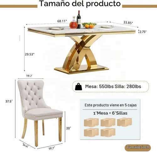 Vista 3 de Juego de mesa de comedor moderna de mármol sintético de oro blanco de 68 pulgadas para 6, juego de mesa rectangular de 7 piezas con patas de acero