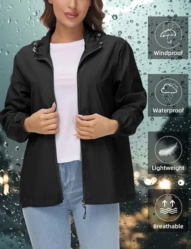 Vista 2 de Avoogue Chaqueta impermeable para mujer, ligera, plegable, con capucha, rompevientos para exteriores