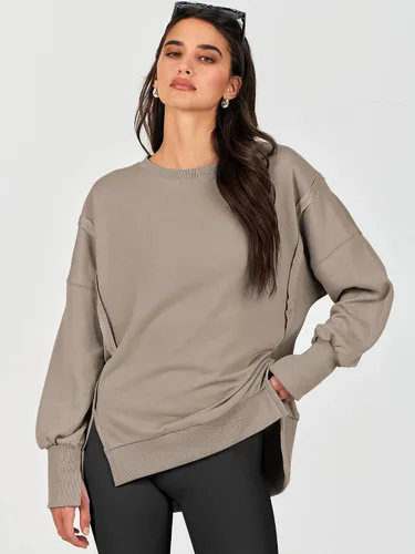 Vista 3 de Caracilia Sudadera de gran tamaño para mujer, cuello redondo, manga larga, sudadera con capucha, ropa de otoño a la moda
