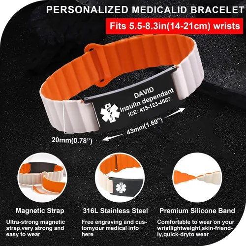 Vista 5 de Cómodas pulseras de alerta médica personalizadas para mujeres y hombres, pulsera médica grabada personalizada con correa de silicona magnética